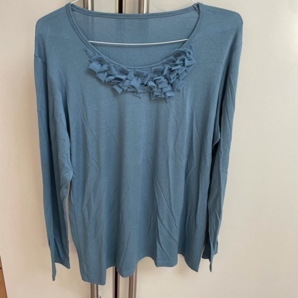 blue top with chiffon flowers size large